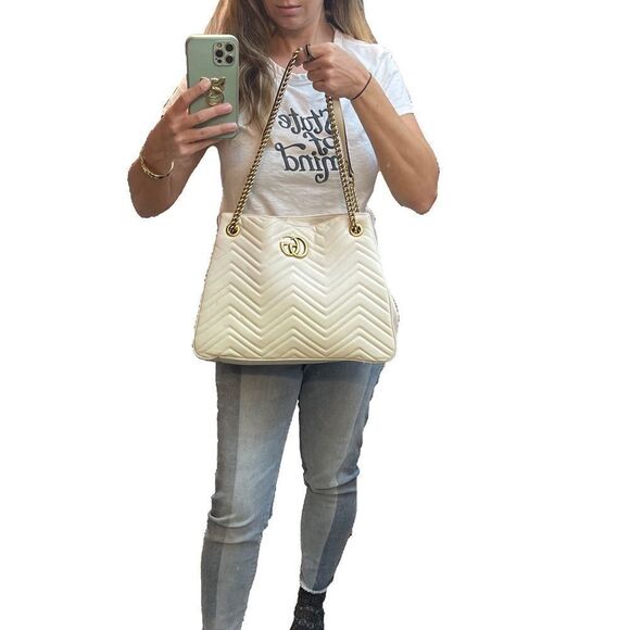 Gucci Marmont Chevron Large Leather Chain Strap Tote Bag in Natural White Ivory - Picture 5 of 17